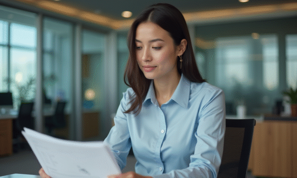 Femme professionnelle au bureau examine des documents