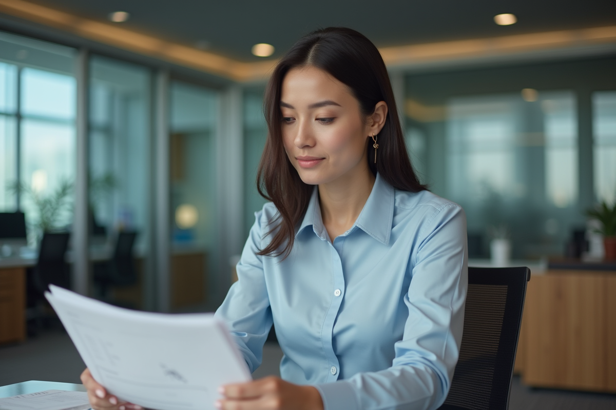 Femme professionnelle au bureau examine des documents