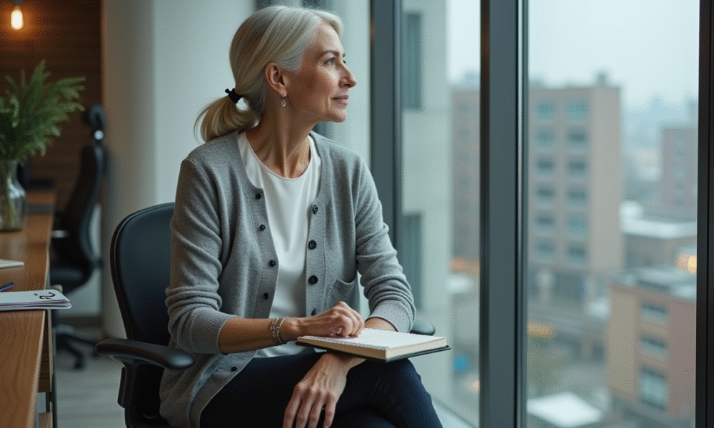 Femme d'âge moyen dans un bureau moderne regardant par la fenêtre