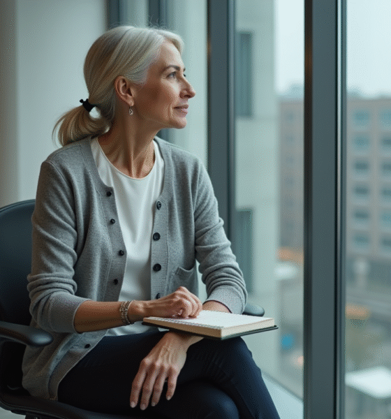 Femme d'âge moyen dans un bureau moderne regardant par la fenêtre