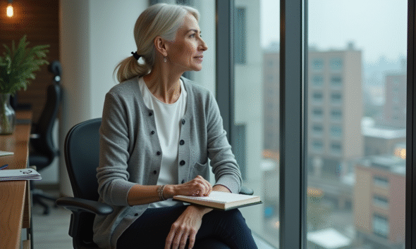 Femme d'âge moyen dans un bureau moderne regardant par la fenêtre