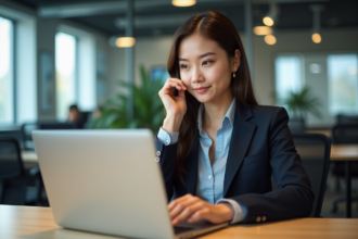 Jeune femme professionnelle verrouillant son ordinateur au bureau