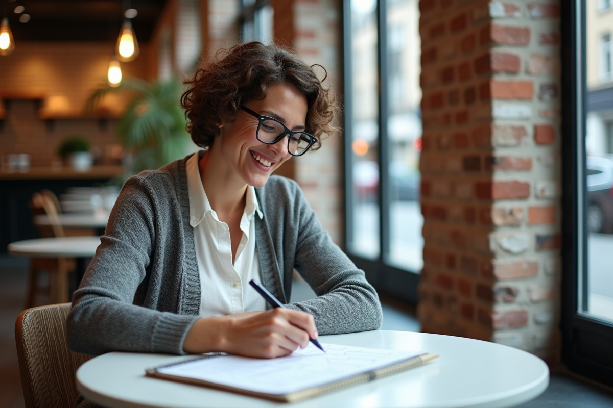 Femme esquissant un diagramme dans un café urbain