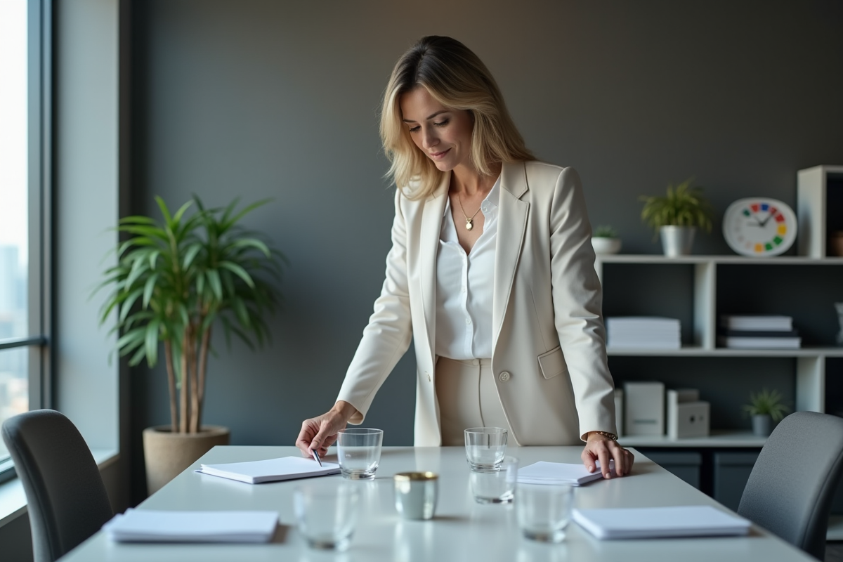 Femme professionnelle préparant une réunion dans une salle élégante