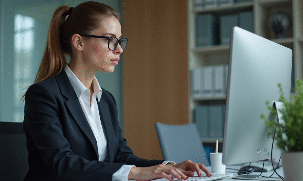 Femme professionnelle utilisant un logiciel ERP au bureau
