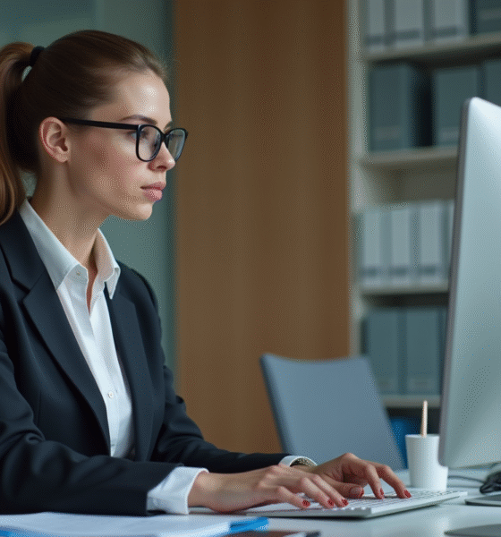 Femme professionnelle utilisant un logiciel ERP au bureau
