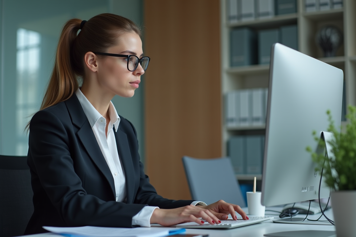 Femme professionnelle utilisant un logiciel ERP au bureau