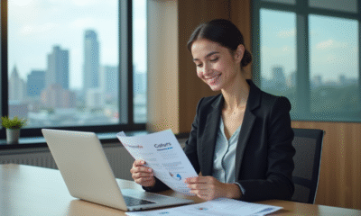 Jeune femme en bureau comparant rapports SEO souriante