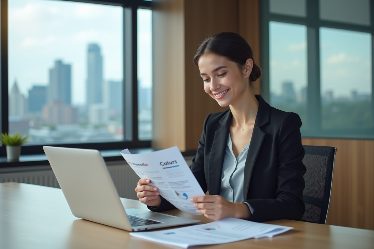 Jeune femme en bureau comparant rapports SEO souriante