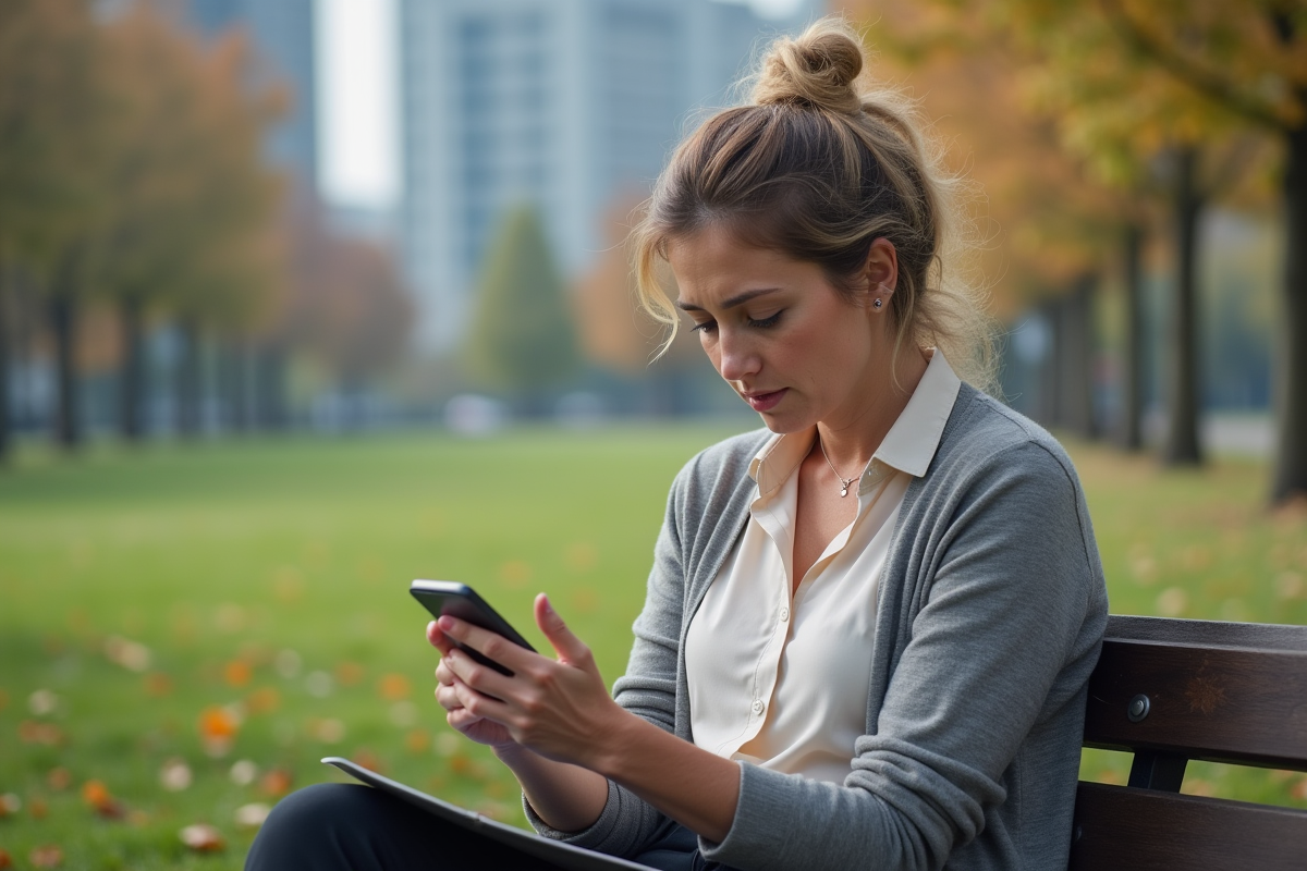 Femme assise sur un banc de parc regardant son smartphone