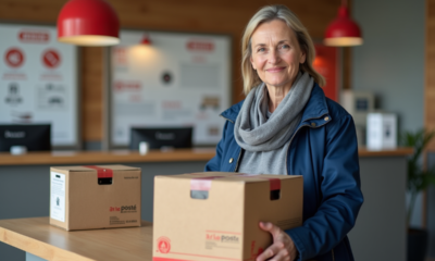 Femme souriante avec colis à la poste
