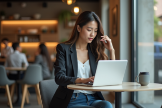 Jeune femme au café travaillant sur son ordinateur portable