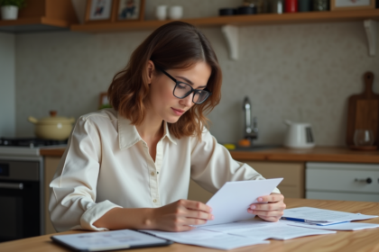 Jeune femme triant des documents dans une cuisine chaleureuse