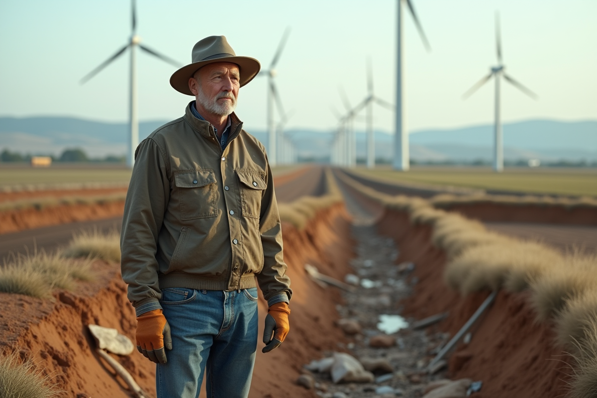 Ferme avec fermier regardant les turbines éoliennes