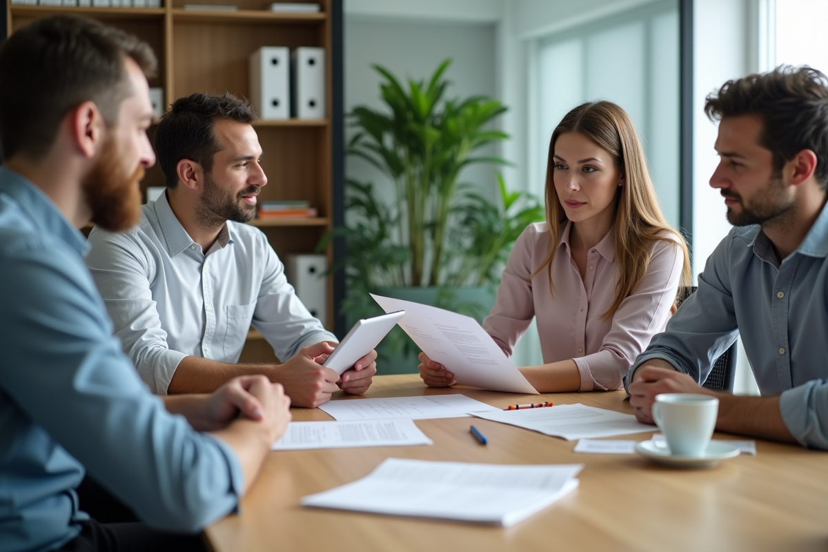 Groupe diversifié en consultation dans un bureau lumineux