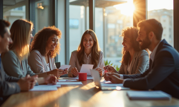 Groupe de professionnels échangeant des chèques cadeaux lumineux