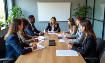 Groupe de professionnels en réunion autour d'une table moderne