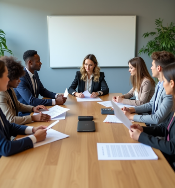 Groupe de professionnels en réunion autour d'une table moderne