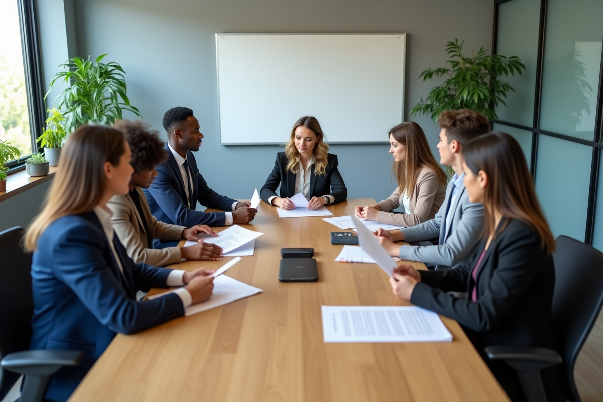 Groupe de professionnels en réunion autour d'une table moderne