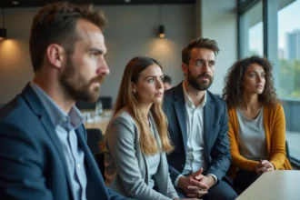 Groupe divers d'adultes au bureau avec expressions variées