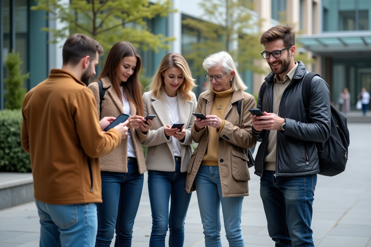 Groupe diversifié utilisant des smartphones en ville