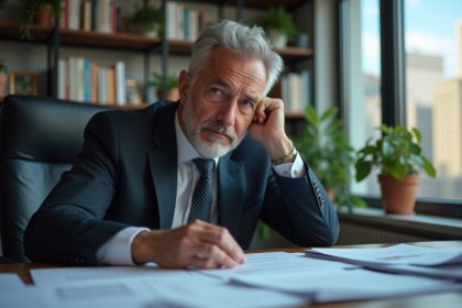 Homme d'affaires en costume regardant des documents