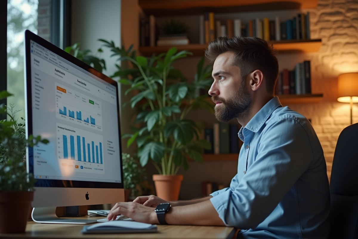 Homme analysant statistiques site web dans son espace de travail