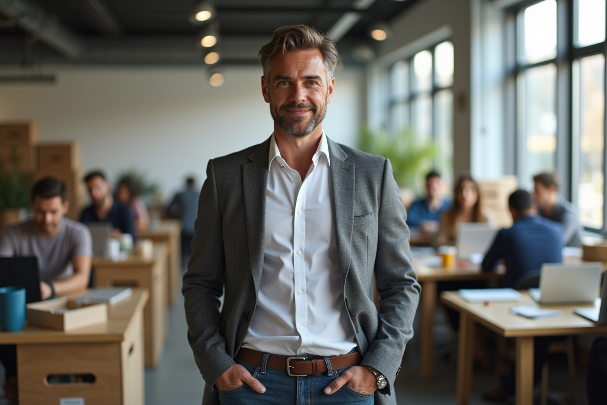 Homme professionnel discutant avec bénévoles dans un espace de travail