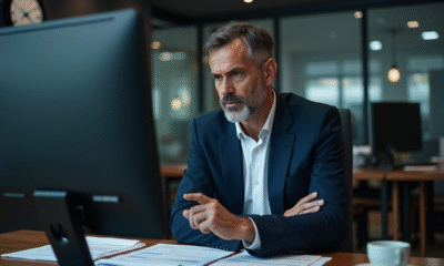 Homme en costume bleu travaillant tard dans son bureau