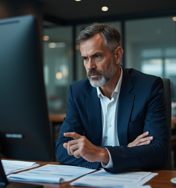 Homme en costume bleu travaillant tard dans son bureau