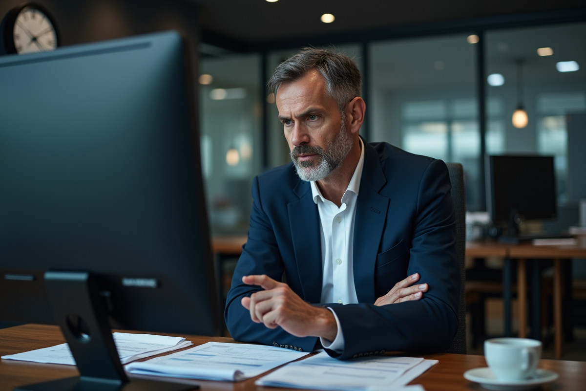 Homme en costume bleu travaillant tard dans son bureau