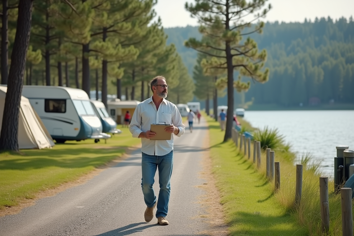 Homme détendu au bord du lac avec tente et caravanes