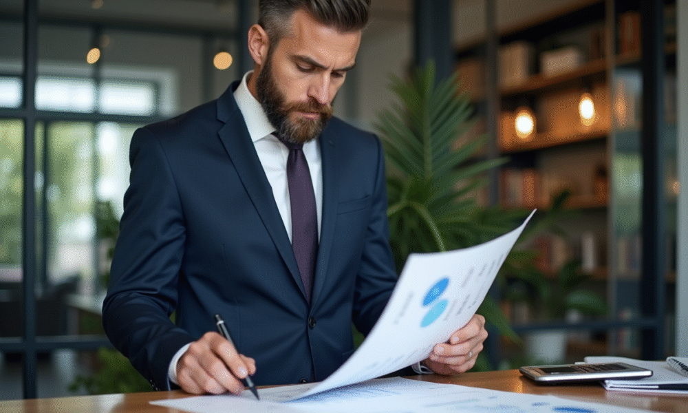 Homme en costume regardant un plan dans un bureau moderne
