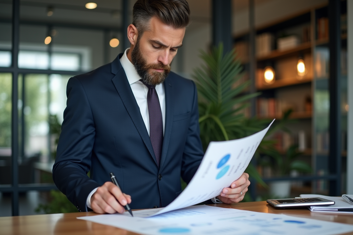 Homme en costume regardant un plan dans un bureau moderne
