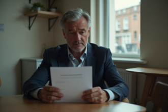 Homme d'âge moyen tenant une lettre de licenciement dans une cuisine