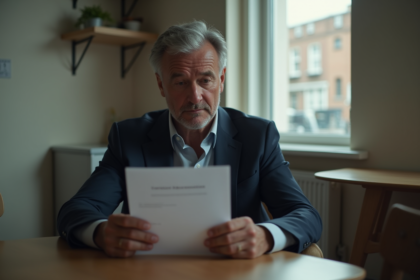 Homme d'âge moyen tenant une lettre de licenciement dans une cuisine