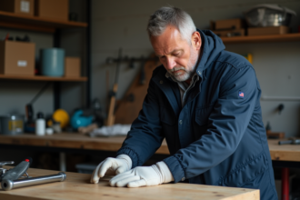 Homme d'âge moyen nettoyant une pièce métallique dans un garage