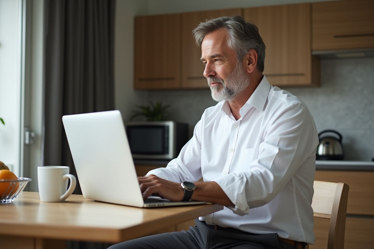 Homme en visioconference dans une cuisine moderne et accueillante