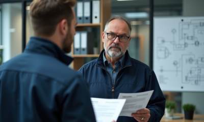 Ingénieur électrique en bureau moderne expliquant un manuel ISO
