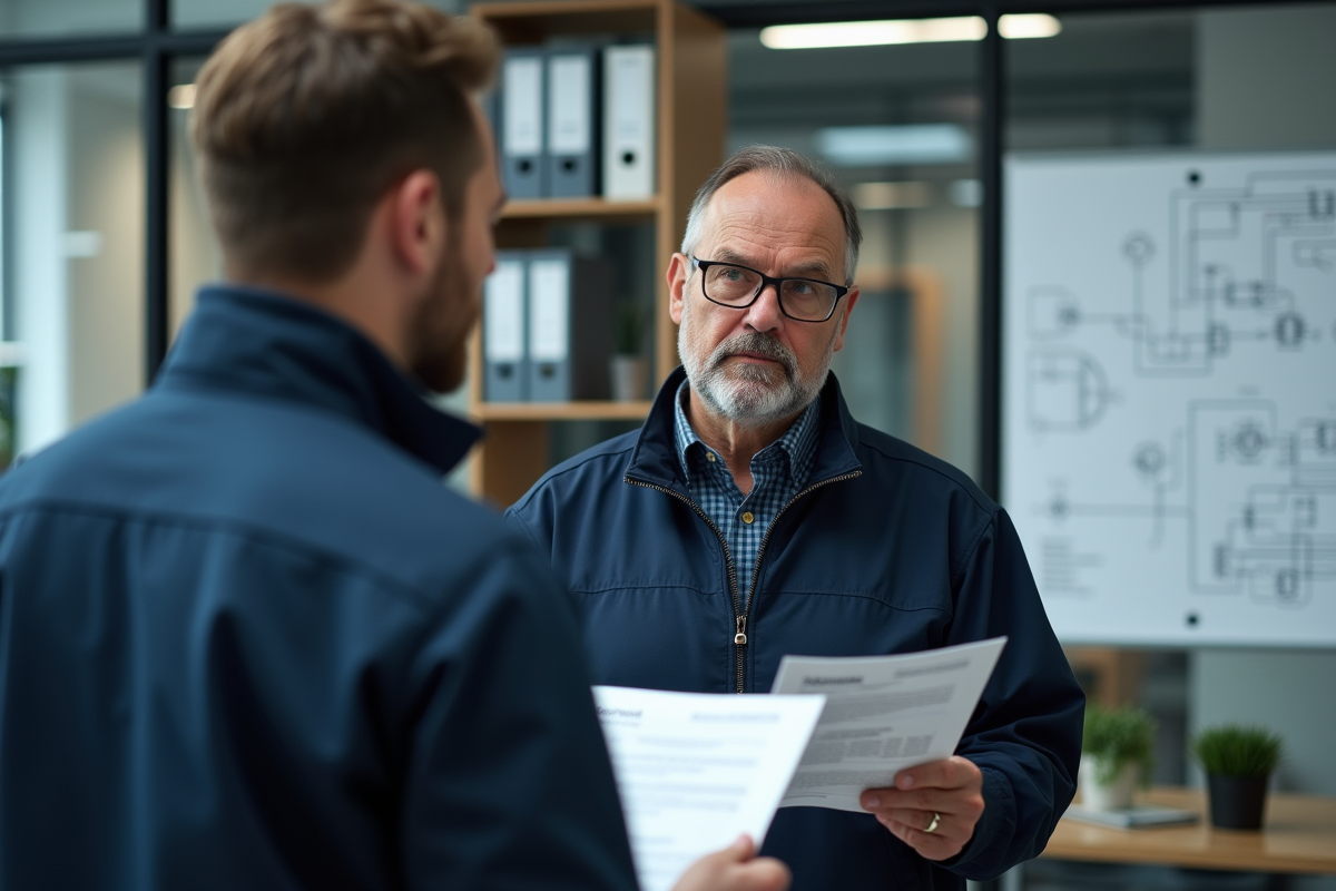 Ingénieur électrique en bureau moderne expliquant un manuel ISO