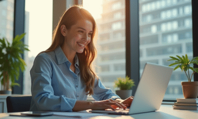 Jeune femme confiante travaillant sur un ordinateur portable dans un bureau lumineux