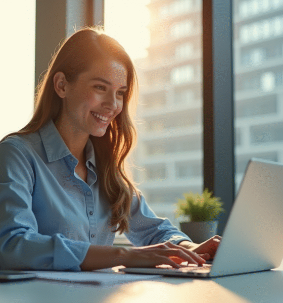 Jeune femme confiante travaillant sur un ordinateur portable dans un bureau lumineux