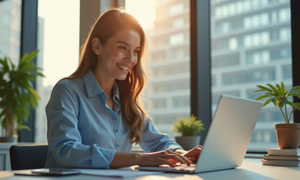 Jeune femme confiante travaillant sur un ordinateur portable dans un bureau lumineux