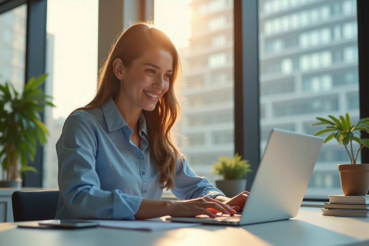 Jeune femme confiante travaillant sur un ordinateur portable dans un bureau lumineux