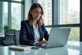 Jeune femme professionnelle au bureau avec ordinateur