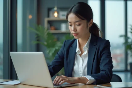 Jeune femme professionnelle travaillant sur son ordinateur en bureau