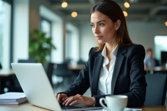 Jeune femme d'affaires travaillant sur un ordinateur portable