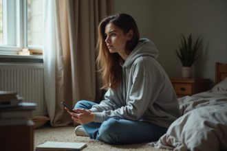 Jeune femme pensant dans une chambre désordonnée