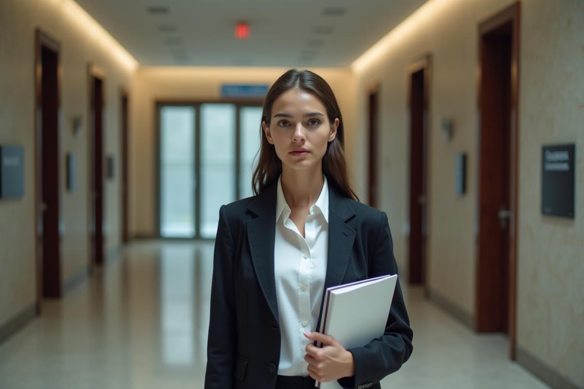 Jeune femme en robe dans un couloir de tribunal moderne