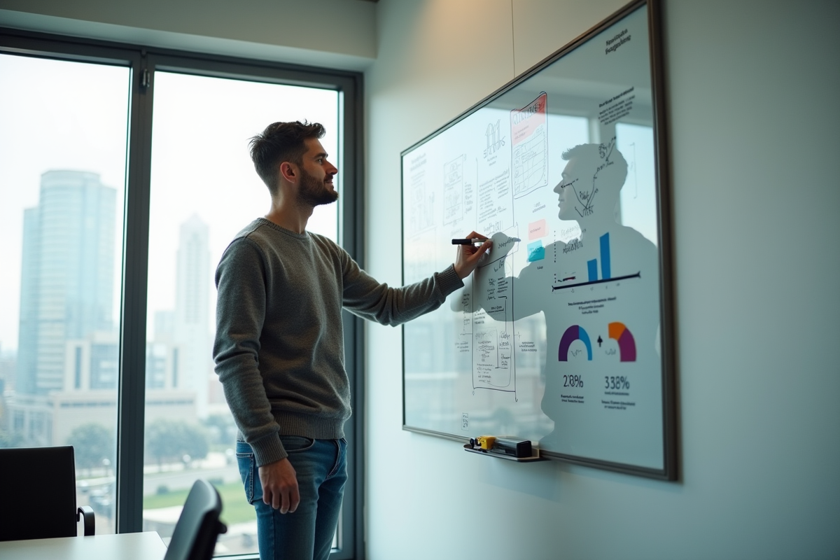 Jeune homme marquant des points sur un tableau blanc en réunion